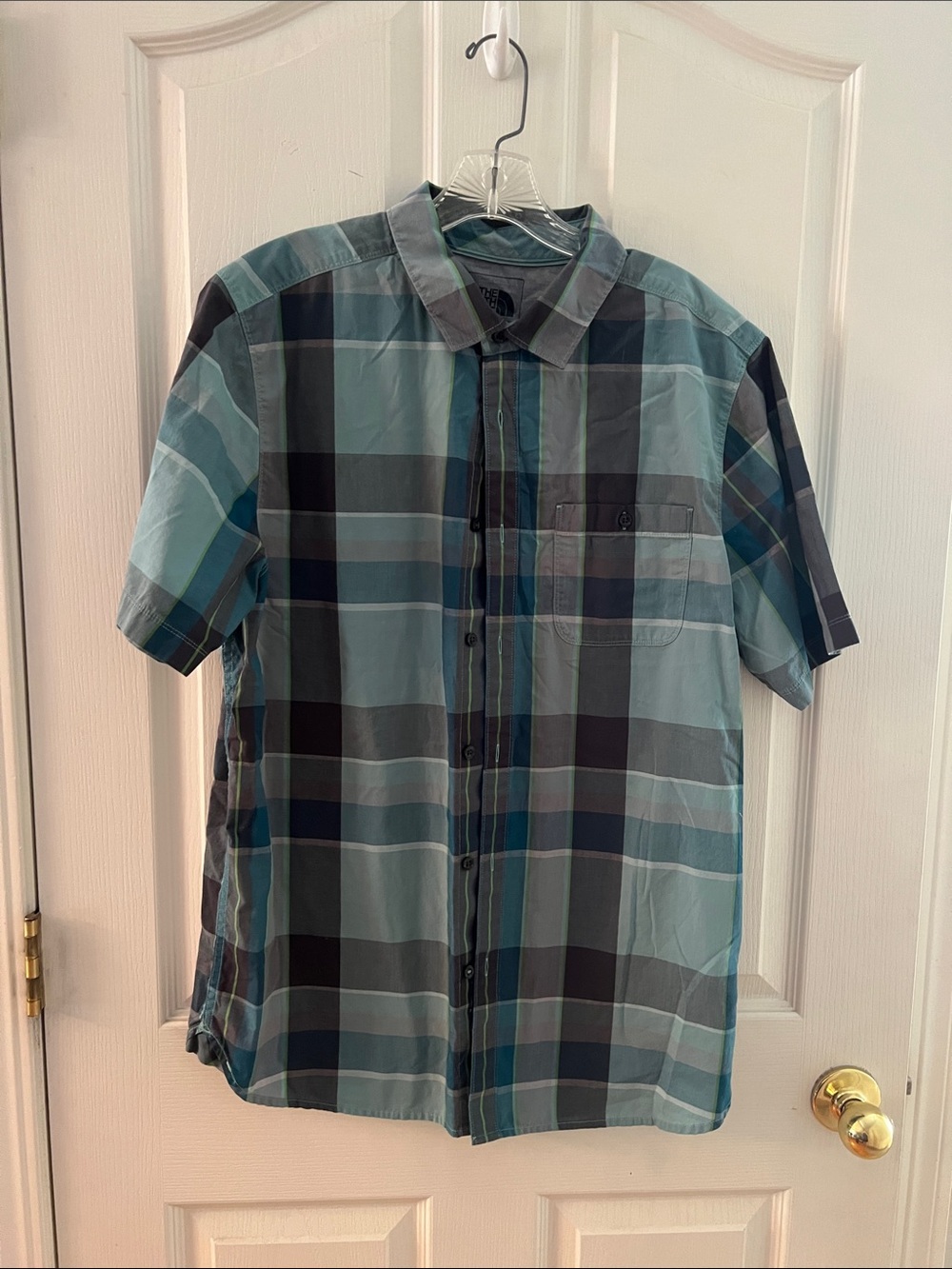 The North Face Men's Short Sleeve Plaid Button-Down Shirt - Teal & Gray